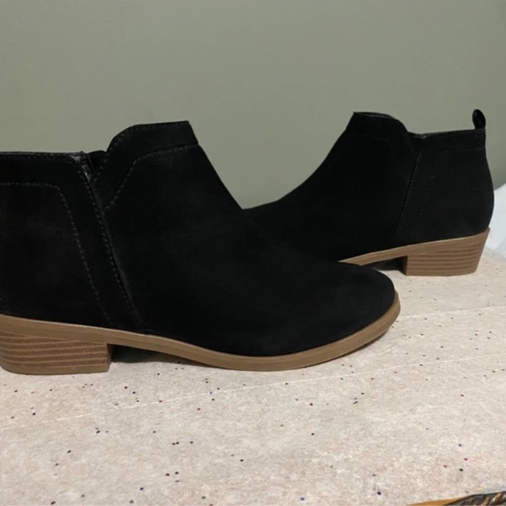 Time and Tru Black Suede Ankle Booties with Tan Stacked Heel